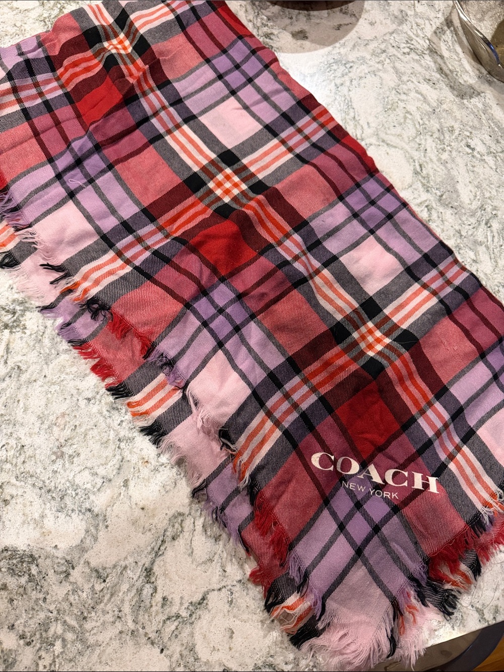 Coach Red, Pink & Purple Plaid Logo Scarf